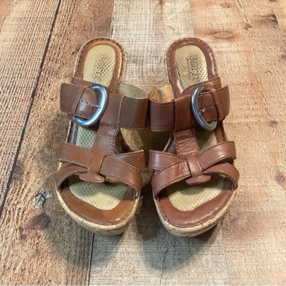 Born‎ Brown Leather Cork Wedge Sandals Strappy Buckle Slide W62326 Womens 7 - Picture 2 of 8